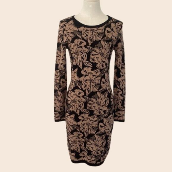 Carmen Marc Valvo Black & Tan Floral Sweater Mini Long Sleeve Dress Size Small - Picture 1 of 13